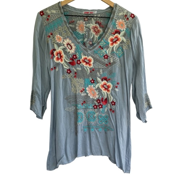 JOHNNY WAS Slate Blue FREYJA INTRICATELY EMBROIDERED FLORAL 3/4 SLEEVE BLOUSE - Picture 3 of 15